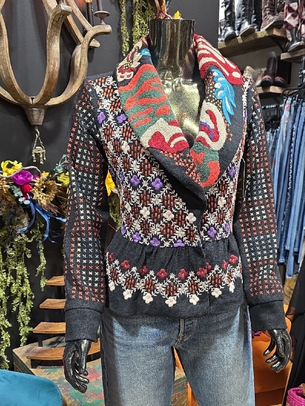 RARE! Hazel Black Embroidered Shawl Collar Blazer with Multicolor Accents - Picture 7 of 15